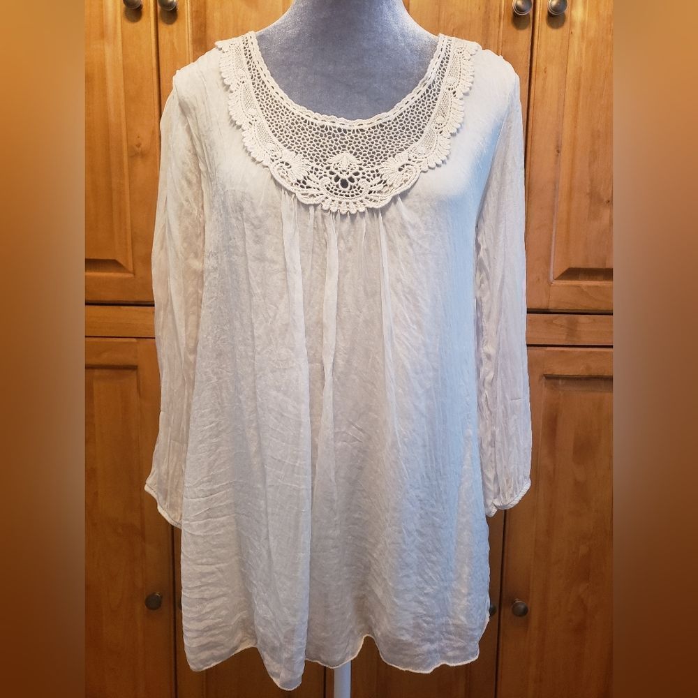 Carla Conti Ecru Boho Chic Sheer Silk & Cotton Lace Blouse Size Medium